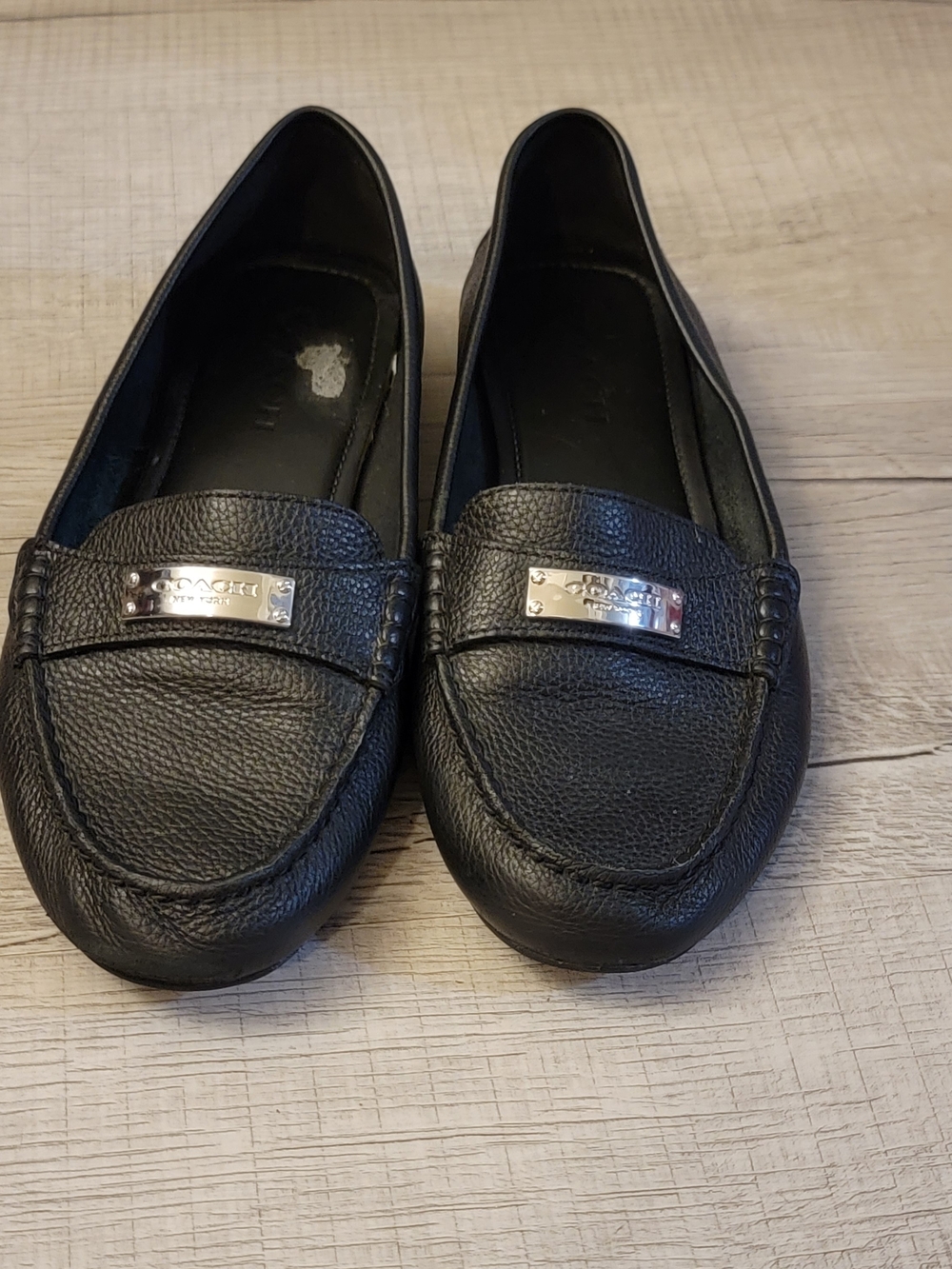 COACH Black Pebbled Leather Penny Loafers with Silver Plaque